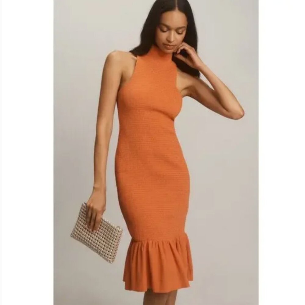 NWT Anthropologie Sleeveless Mock-Neck Textured Midi Dress Orange Red Women's M - Picture 2 of 16